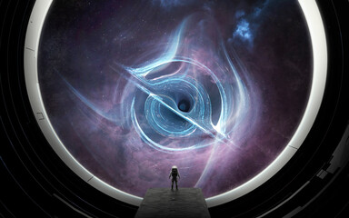 Astronaut Reaching Toward Luminous Wormhole in Deep Space &mdash; A lone astronaut in front of a swirling vortex of light and shadow, framed by a dark nebula and distant stars