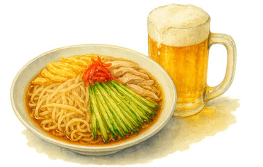冷やし中華とビールの美味しそうな水彩イラスト