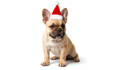 Fototapeta premium French Bulldog wearing a Santa hat sitting on white background 