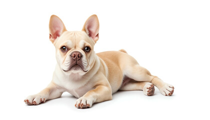 French Bulldog lying down and relaxing on a white background  