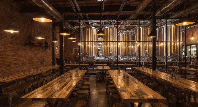 Industrial Brewery Interior with Long Wooden Tables and Brewing Equipment