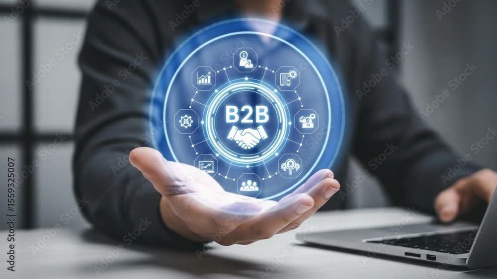 Poster person holding b to b digital hologram with icons over hand in a business setting with laptop