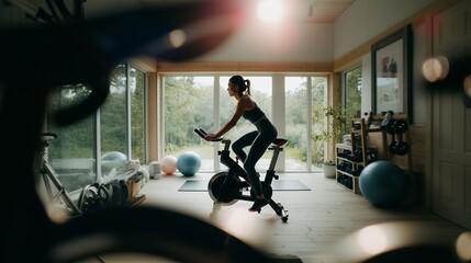 A woman in athletic wear is working out on a spin bike in a modern home gym with large windows.