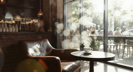 Warm Coffee in Cozy Cafe Interior with Leather Chair and Sunlight Streaming Through Window