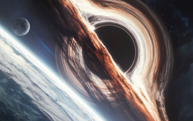 Black Hole with Accretion Disk Over Planetary Horizon &mdash; A vivid black hole swirls at the center, ringed by glowing matter