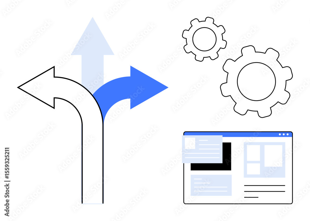 Poster three directional arrows, with gears symbolizing productivity and a webpage layout. ideal for decisi