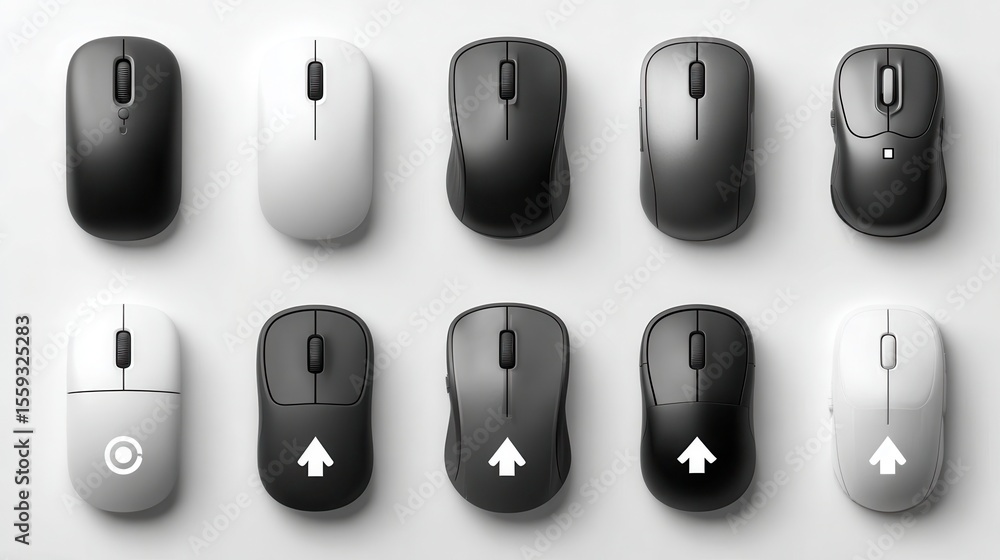 Poster minimal design featuring computer mouses and directional arrow icons in light gray setting