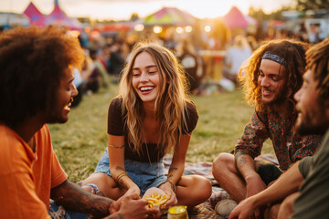 Group of friends at outdoor festival, eating fries and laughing. Candid shot showcasing joyful moments of friendship and summertime fun. Youth culture, bohemian lifestyle, shared experiences.