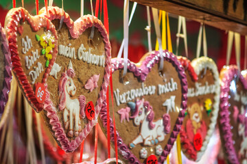 Festive cityscape - view of the Christmas gingerbread cookies closeup on the Christmas Market (Weihnachtsmarkt) in the city of Vienna, Austria