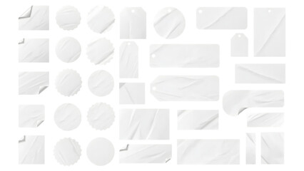 White Stickers Mockup Wrinkled Blank Labels of Different Shapes Isolated on Transparent Background