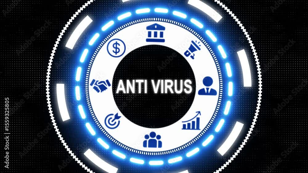 Poster a anti-virus business concept on a futuristic computer display. glowing dots digital luxurious wave 