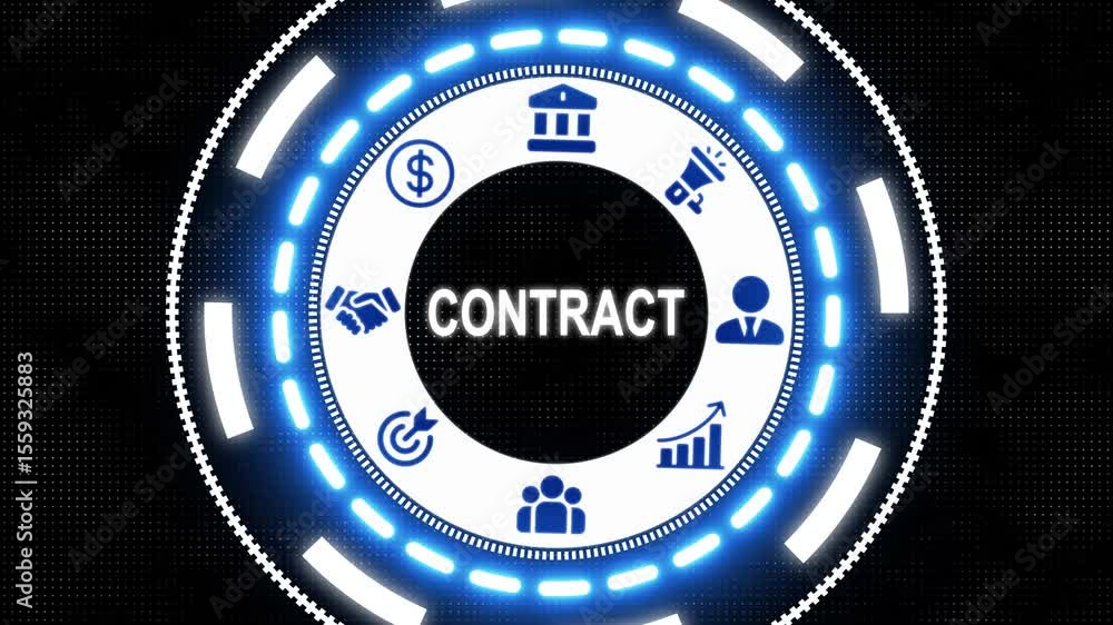 Aufkleber contract business concept on a flashing computer monitor with moving graphs and data. glowing dots d