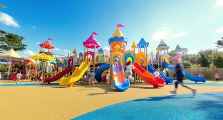 Bright Colorful Playground with Children Playing on Slides and Play Structures