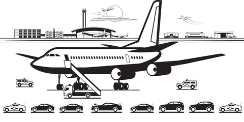 Official car escort with airplane at airport – vector illustration
