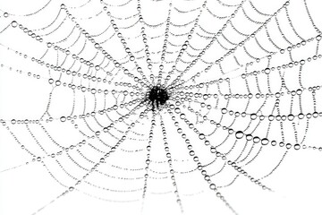 Obraz premium A spiderweb, delicate and intricate, glistens with dewdrops, creating a sparkling pattern against a stark white background, hinting at nature's beauty.