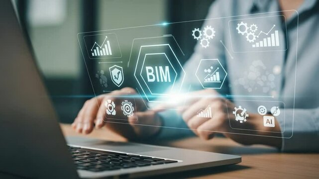 Person interacting with bim interface on screen with laptop and data visualization icons around