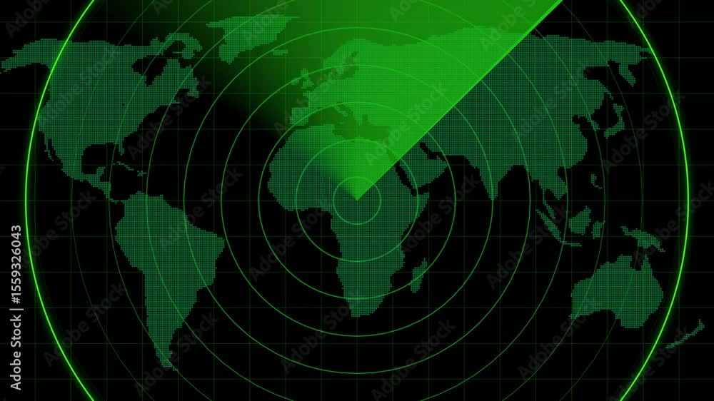 Poster green radar screen with scanning beam and circular grid - overlay animation for video compositing . 