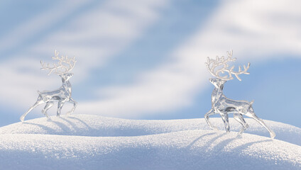 Christmas winter background, banner - view of ice deers on snowdrift in a winter forest, sparkling in the rays of the winter sun with copy space for text