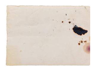 Back side of vintage faded photograph with ink stains isolated paper collage element