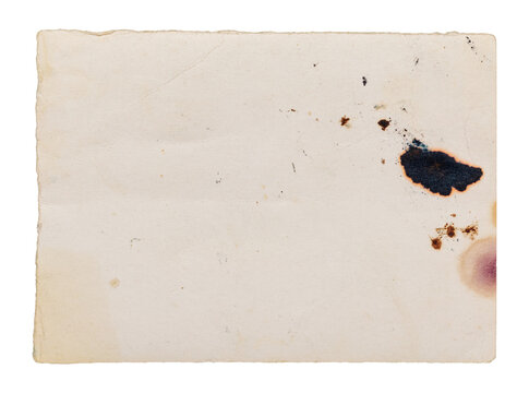 Back side of vintage faded photograph with ink stains isolated paper collage element