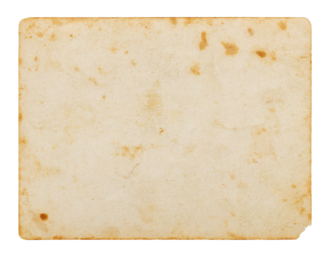 Reverse side of vintage yellow photograph with old stains and torn off corner isolated paper element