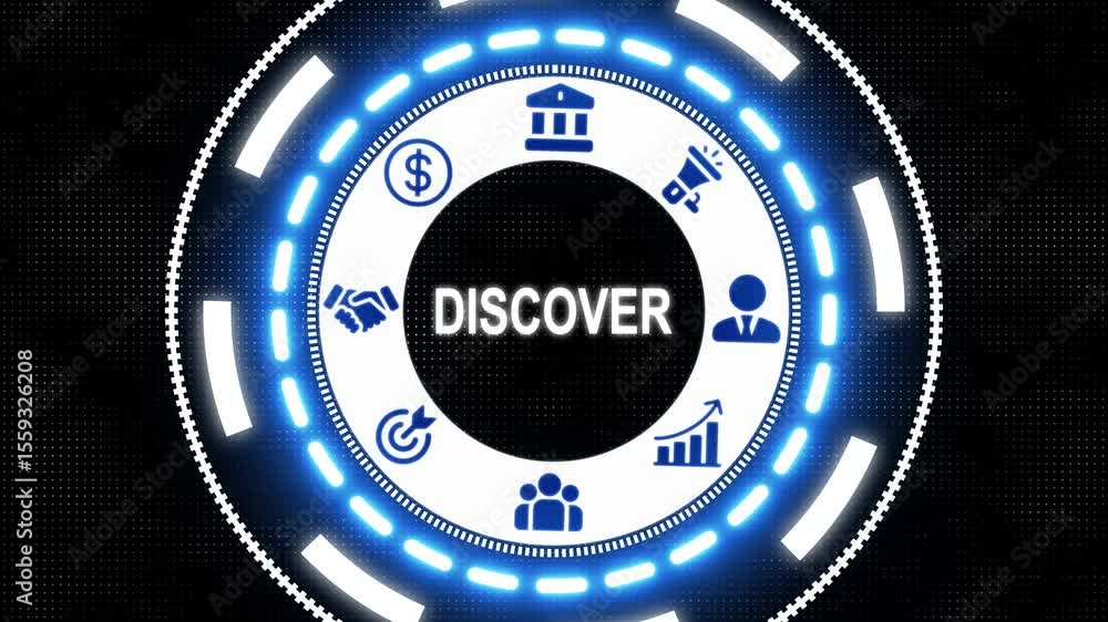 Poster businessman pressing a discover button on a clear projection screen holographic advanced hud circle 