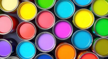 Vibrant assortment of open paint cans filled with colorful liquids viewed from above