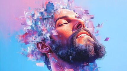 Peaceful man, digital art, vibrant colors, city background, album cover