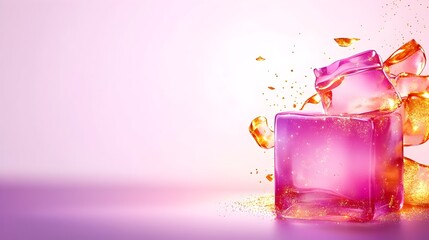 Pink gold ice cubes splashing, studio background, product ad