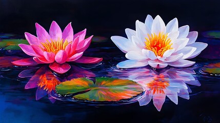 Pink, white water lilies reflecting, pond, night, art