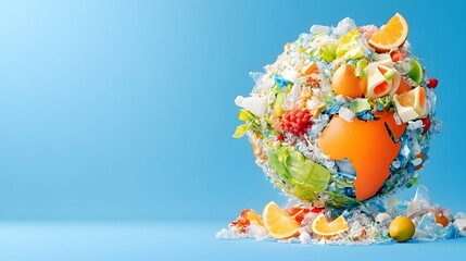Plastic waste consuming Earth, food debris, blue background, environmental campaign