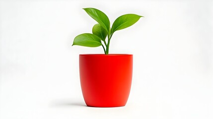 Red pot, vibrant green sprout, white background, growth