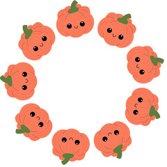 Cute pumpkin with smiling face in round frame. Halloween wreath. Decoration round frame.
