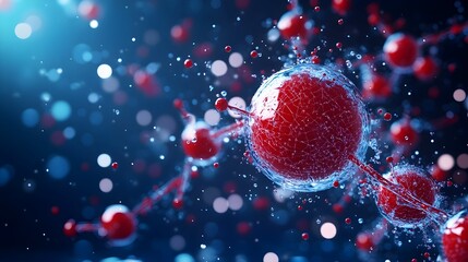 Red spheres bonding, water splash, blue background, science
