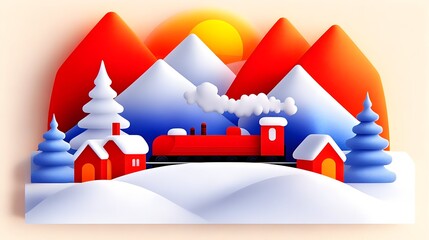 Red steam train winter mountain sunset scene