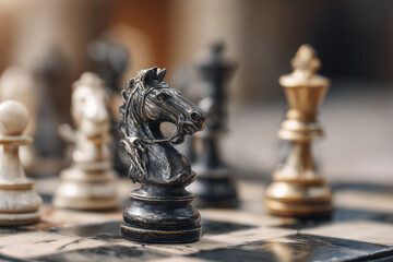 Fototapeta premium Chess strategy: knight on board business success concept