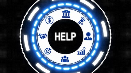 Businessman pressing Business Help concept a futuristic holographic advanced HUD circle platform. high performance, monitoring and evaluation, Business, Technology network dot wave background concept - Powered by Adobe