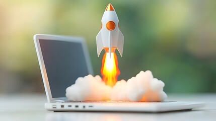 Rocket launching from laptop screen, startup success, blurred background