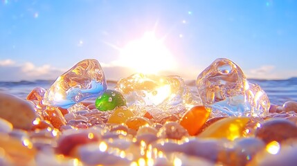 Sea glass sparkles at sunrise, ocean waves, beach