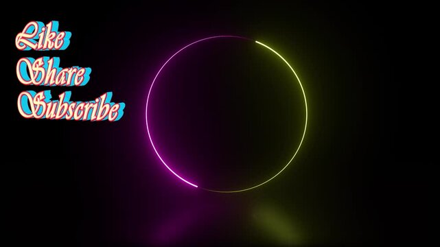 4K "Like Share Subscribe" Button: Neon Pink and Yellow Circle with 3D Text & Reflection
