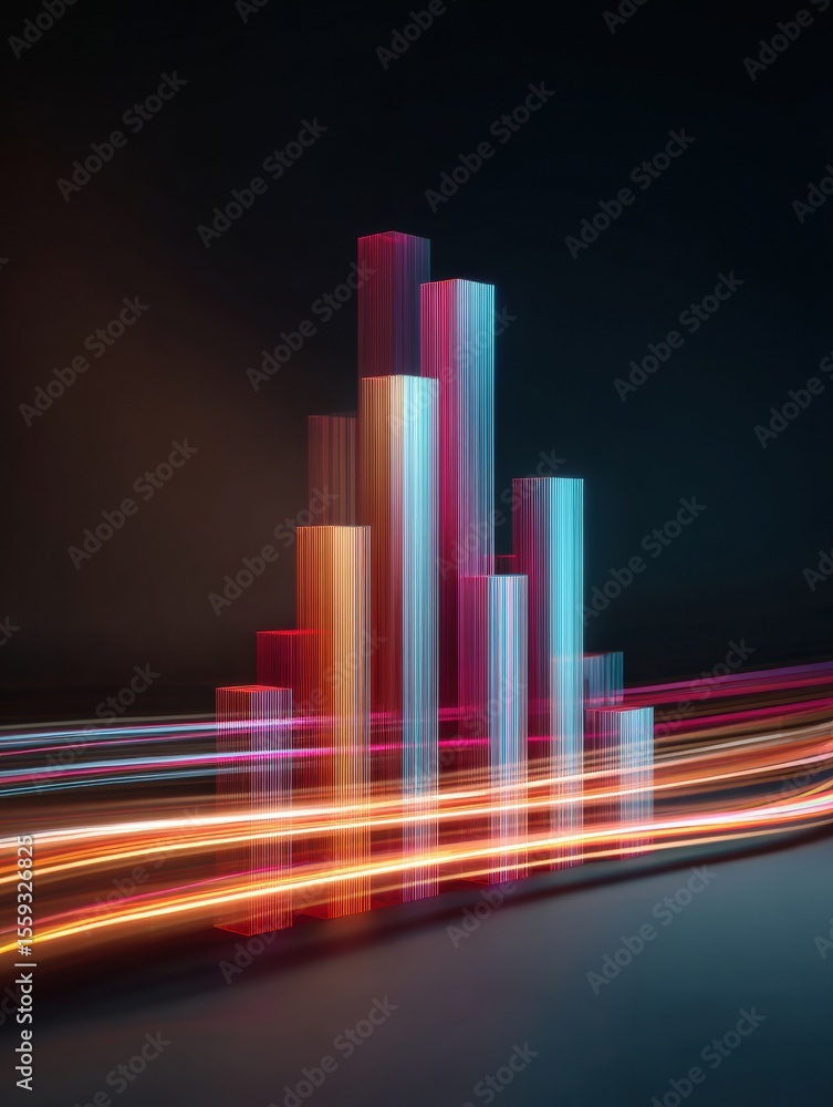 Poster Stacked Bar Chart With Dynamic Light Trails Growing Against a Dark Neutral Backdrop Showcasing Data Visualization Concepts and Trends