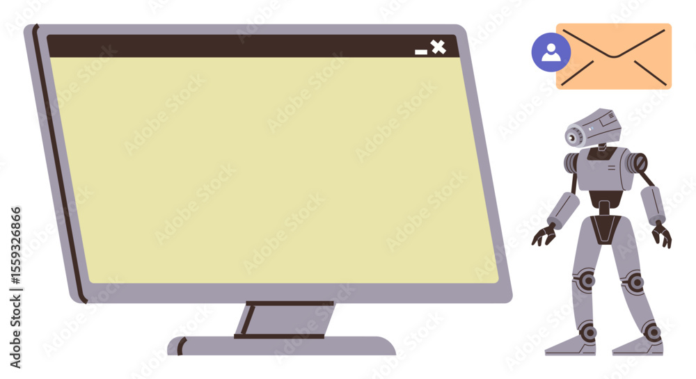Poster robot next to a desktop screen and email icon. ideal for automation, artificial intelligence, commun