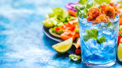 Spicy chicken, blue drink, vibrant veggies, table setting, food photography