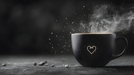 Steaming coffee cup, dark background, coffee beans, romantic