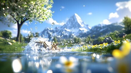 Spring splash in mountain lake, flowers, tree