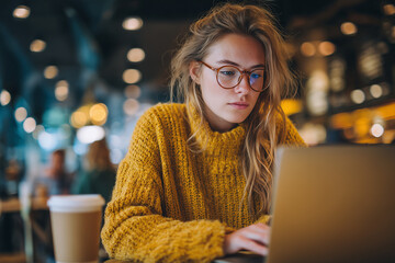 Young woman reading online blog on laptop in coffee shop