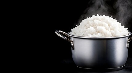 Steaming rice in pot, dark background, food photography