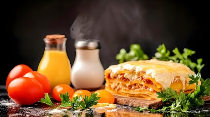 Steaming lasagna, tomatoes, herbs, dark background, food photography