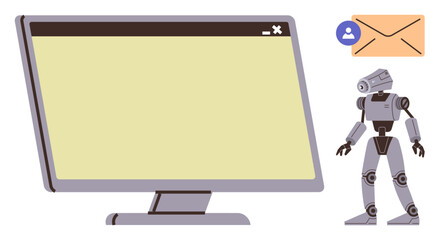 Robot next to a desktop screen and email icon. Ideal for automation, artificial intelligence, communication, technology, productivity, robotics, workflows. Clean simple flat metaphor