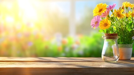 Sunny flowers on wooden table, garden view